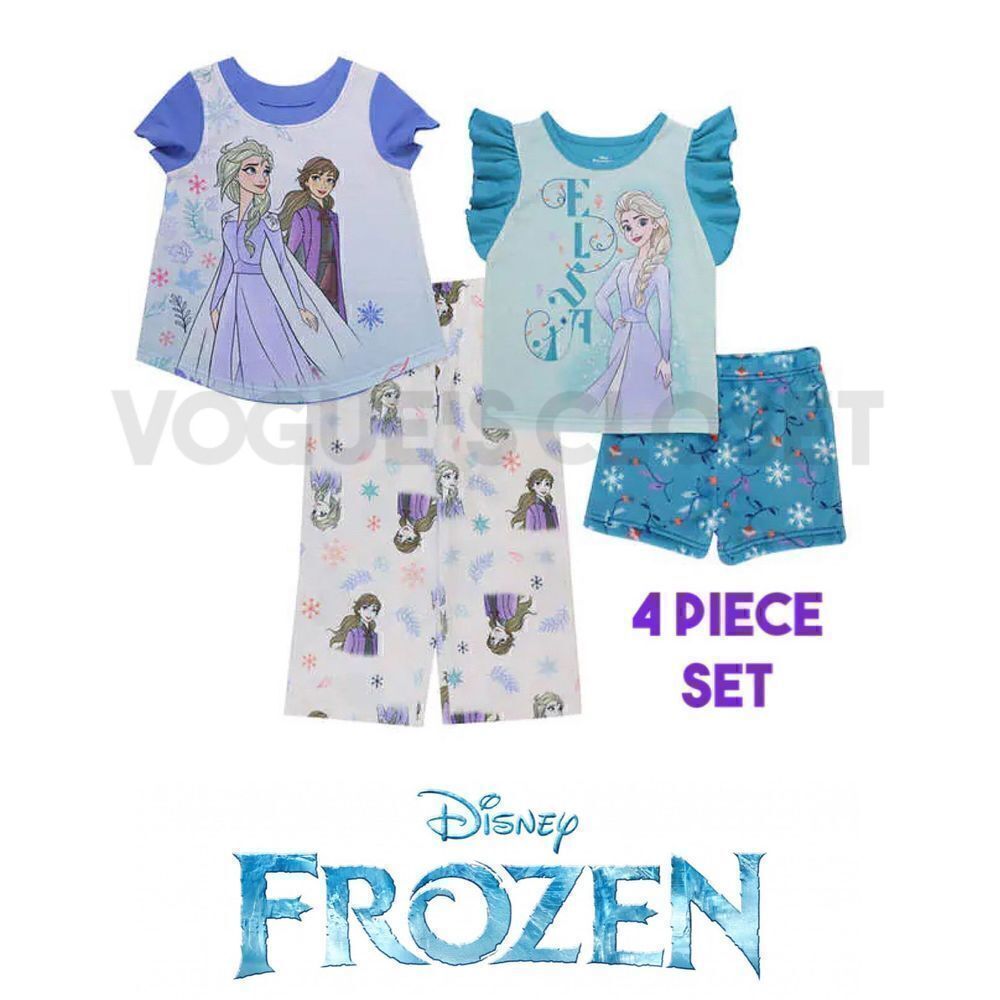 NEW! Frozen Kids' 4PC Cozy PJ Set- 2Short Sleeve Tops, 1Long Pant, 1FleeceShorts